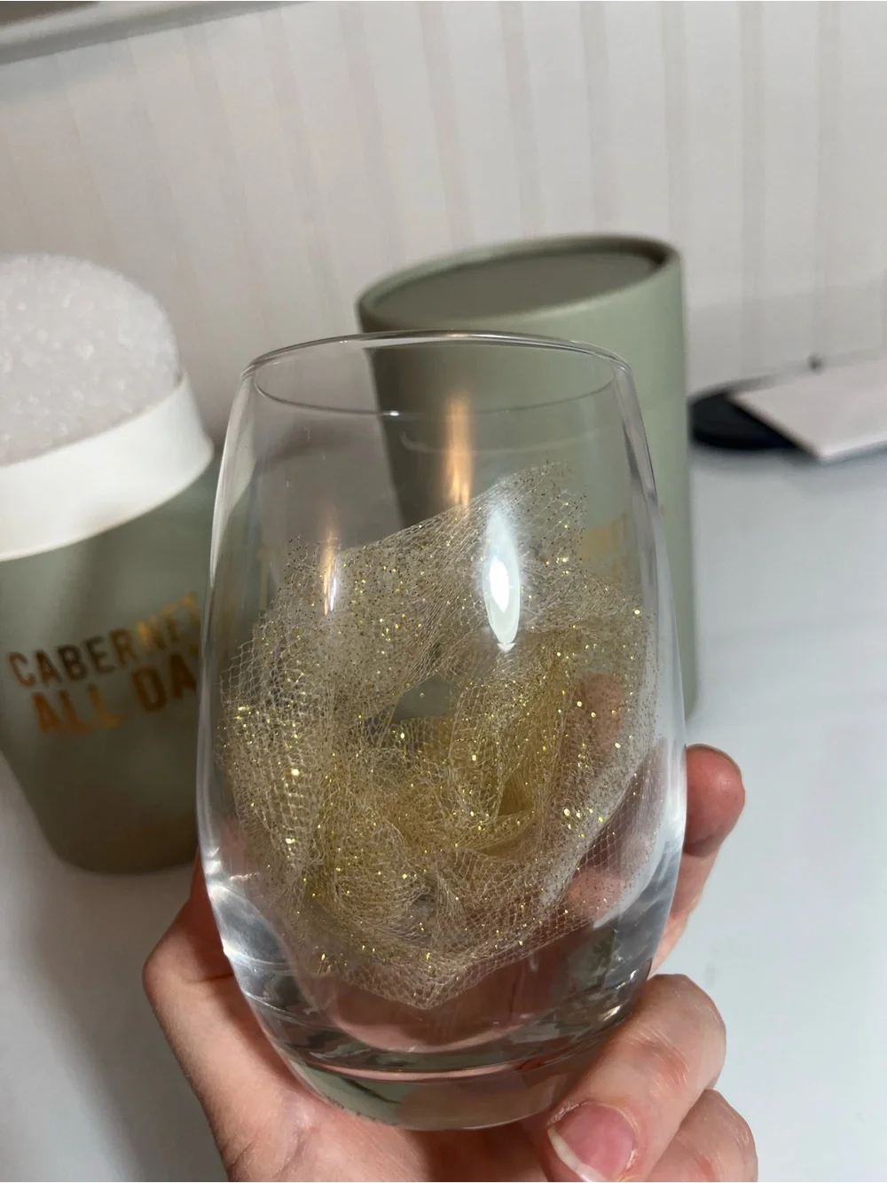 Set of 2 NWT Cabernet All Day Olive Green Stemless Wine Glass - Cabernet All Day